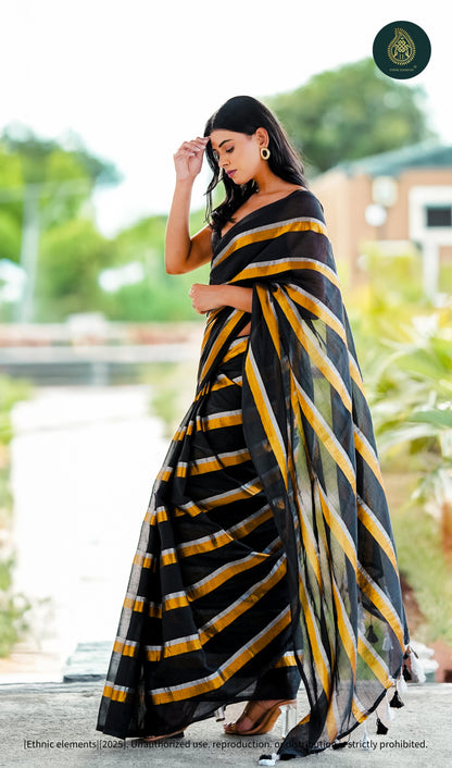 Mul Cotton Saree - Black Golden - Zari Stripped