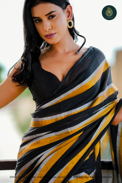 Mul Cotton Saree - Black Golden - Zari Stripped