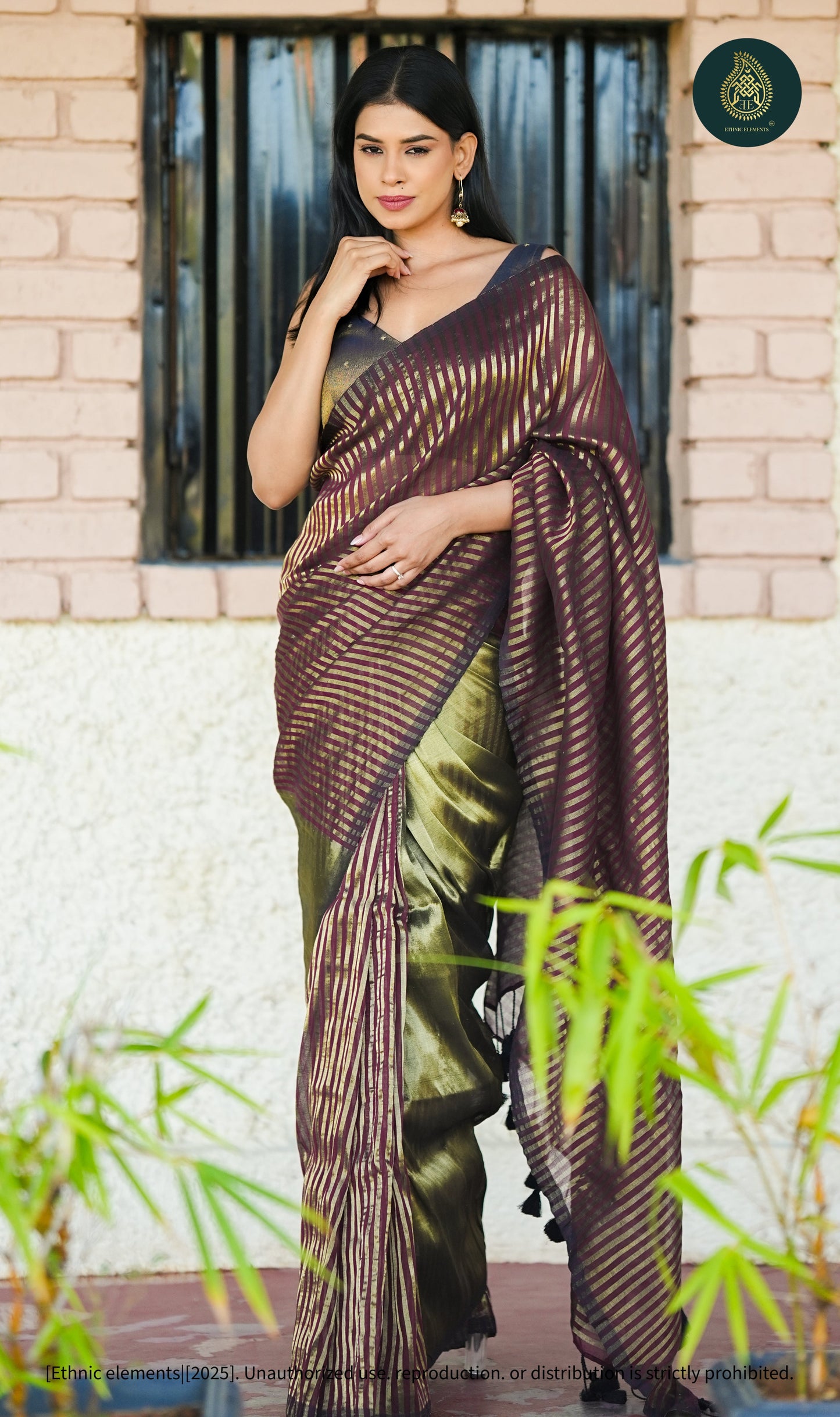Mul Cotton Tissue Maroon And Olive-Gold Striped Saree Garnet Panel