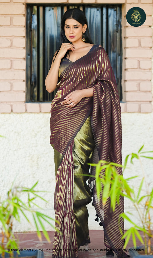 Mul Cotton Tissue Maroon And Olive-Gold Striped Saree Garnet Panel