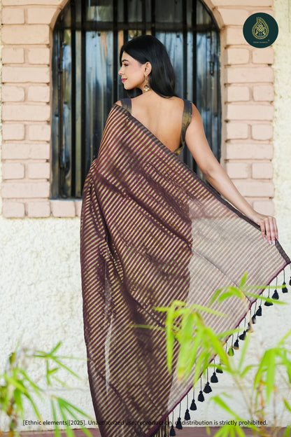 Mul Cotton Tissue Maroon And Olive-Gold Striped Saree Garnet Panel