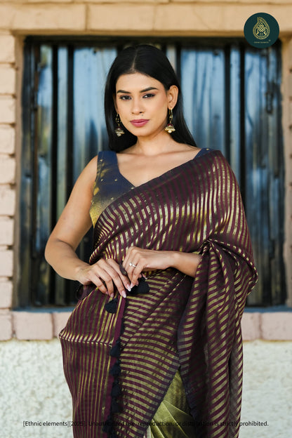 Mul Cotton Tissue Maroon And Olive-Gold Striped Saree Garnet Panel