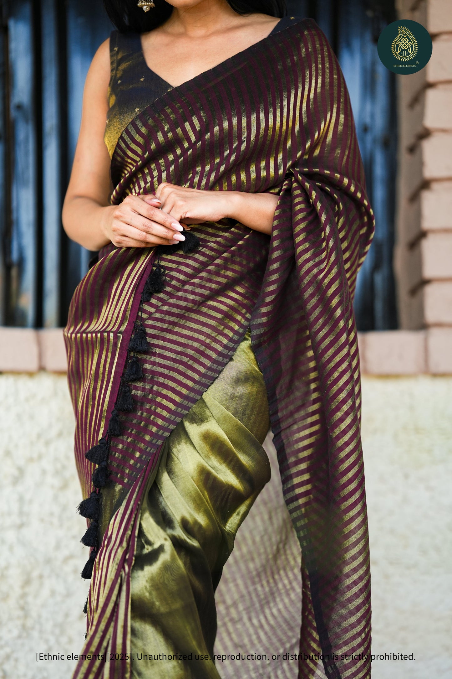 Mul Cotton Tissue Maroon And Olive-Gold Striped Saree Garnet Panel