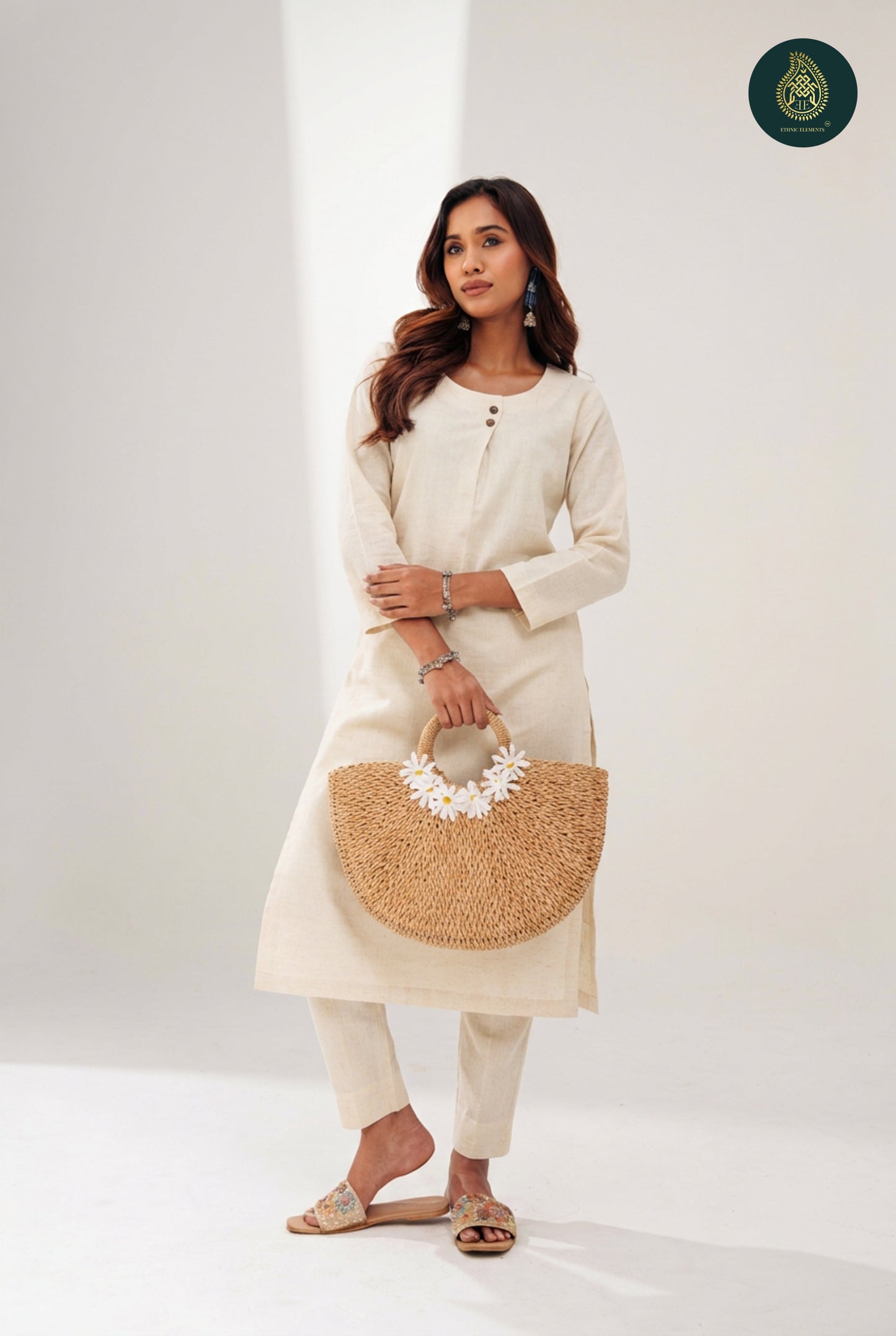 Stitched 2Pc Cotton Suit Set - Cream Muse