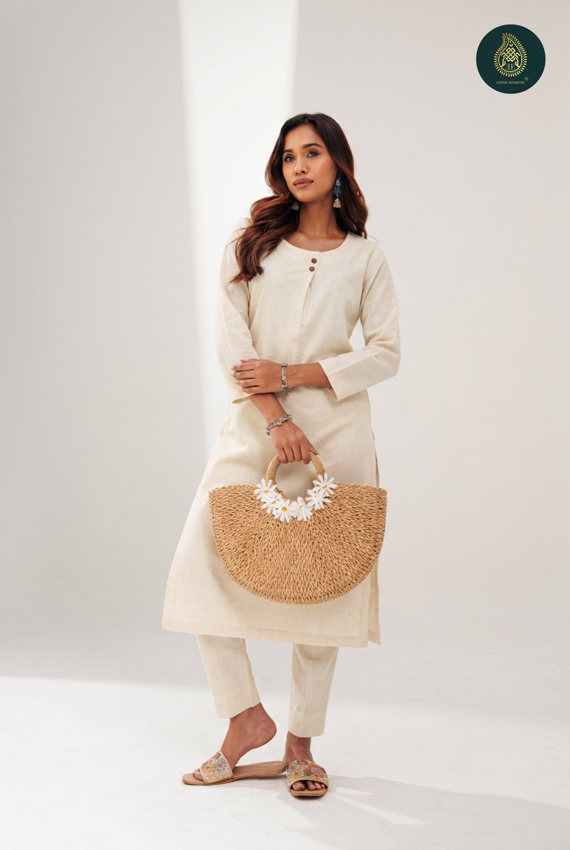 Stitched 2Pc Cotton Suit Set - Cream Muse