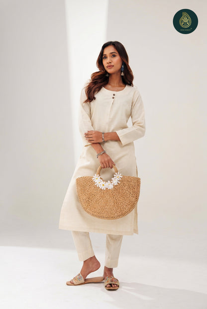 Stitched 2Pc Cotton Suit Set - Cream Muse
