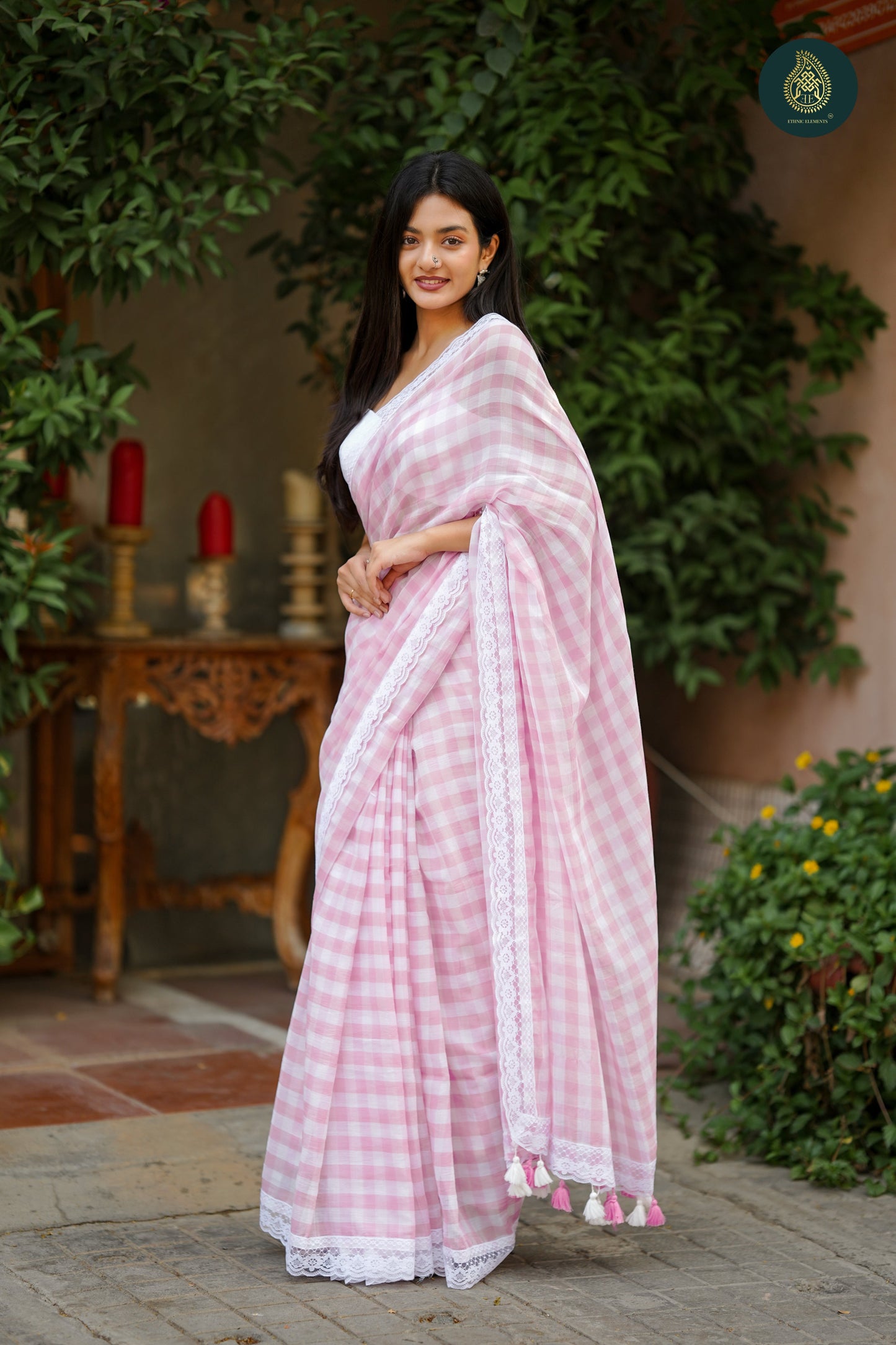 Soft Pink Drift Check Mul Cotton Saree with Lace