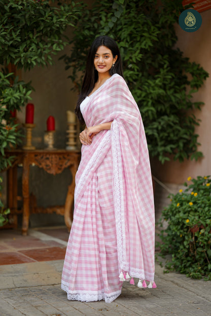 Soft Pink Drift Check Mul Cotton Saree with Lace