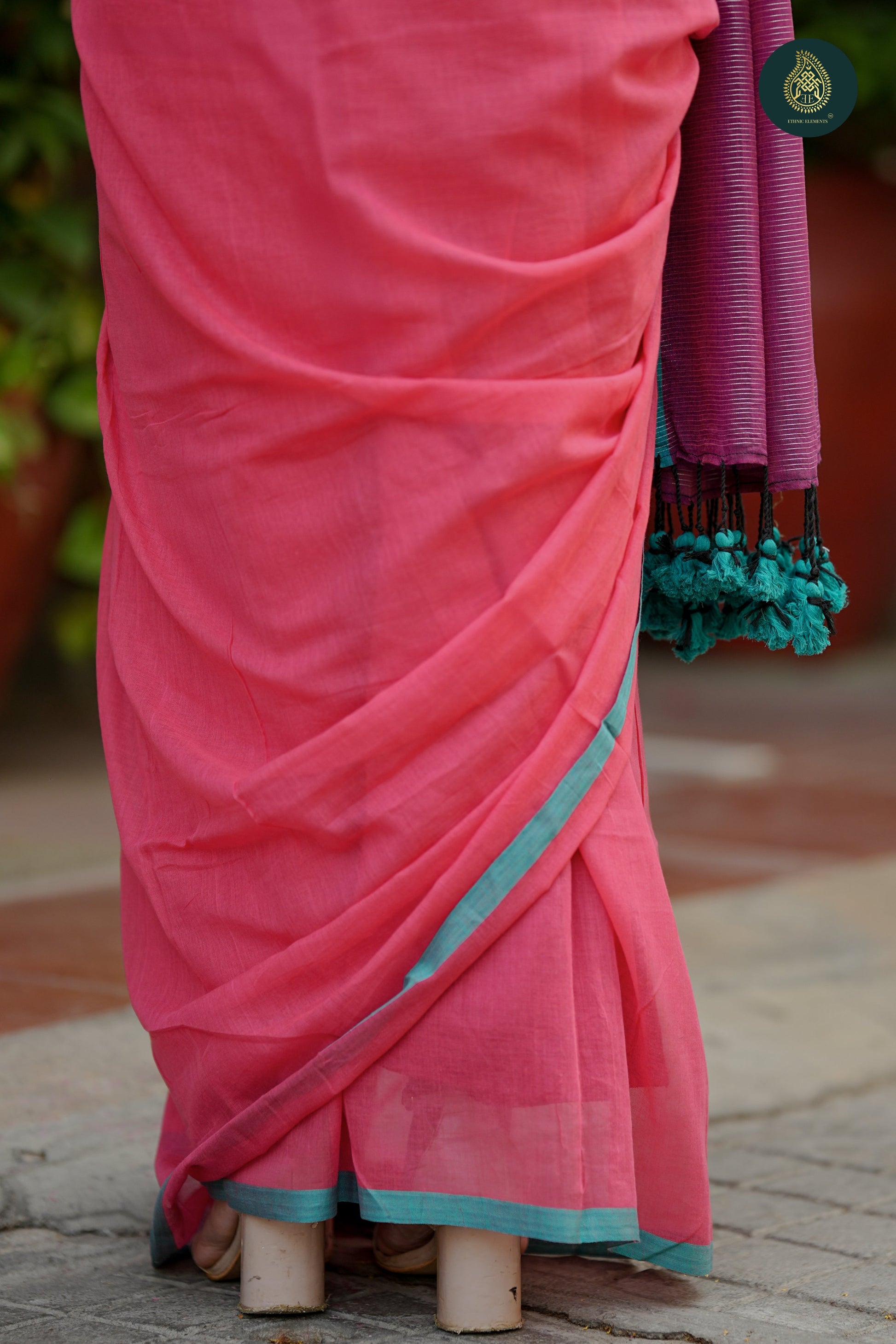 Pink Mul Cotton Saree with Contrast Striped Pallu & Tassel Detail For Women