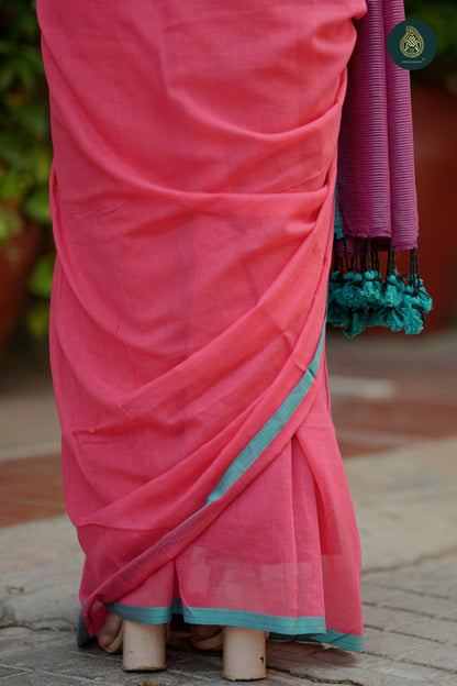 Pink Mul Cotton Saree with Contrast Striped Pallu & Tassel Detail For Women
