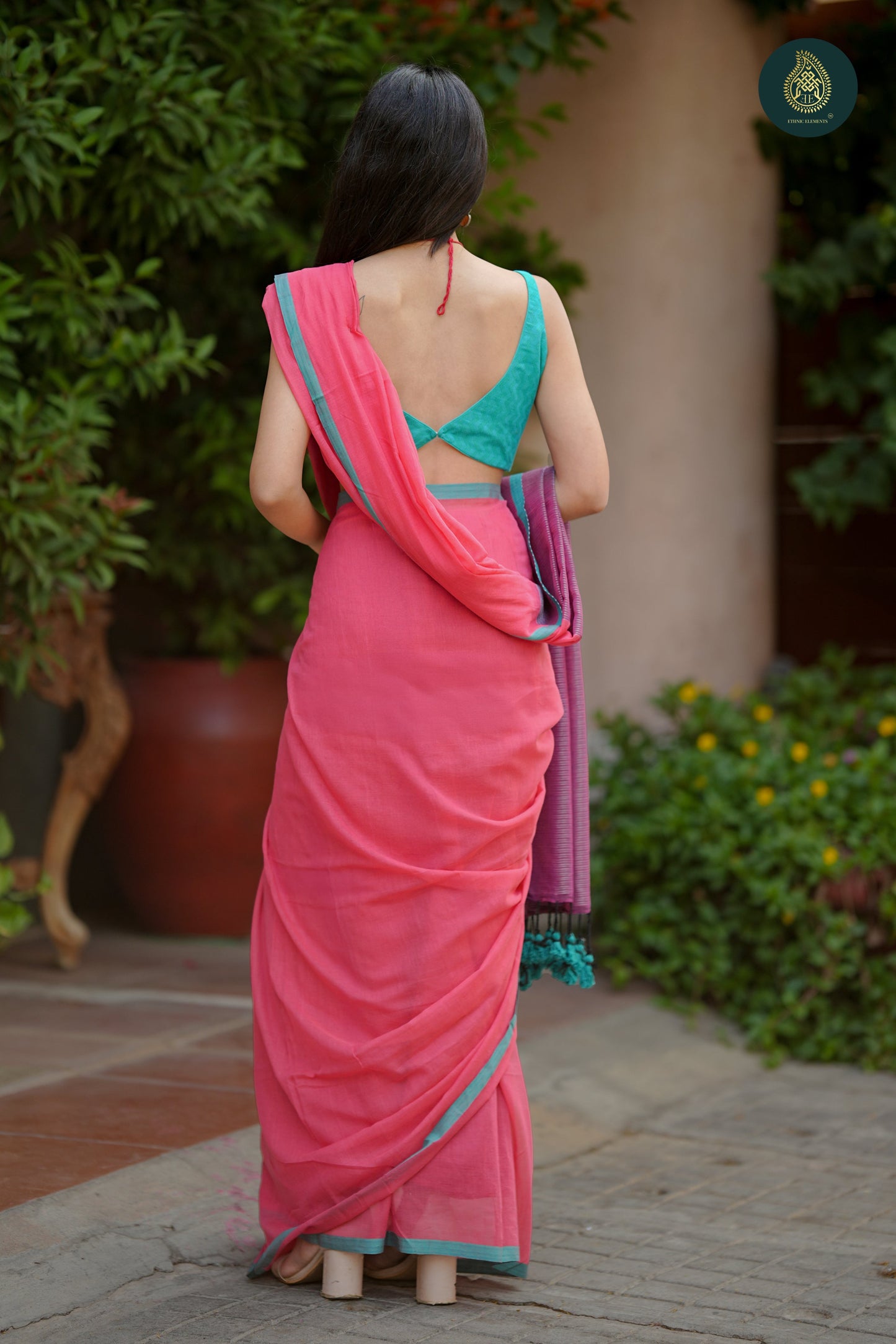 Pink Mul Cotton Saree with Contrast Striped Pallu & Tassel Detail For Women
