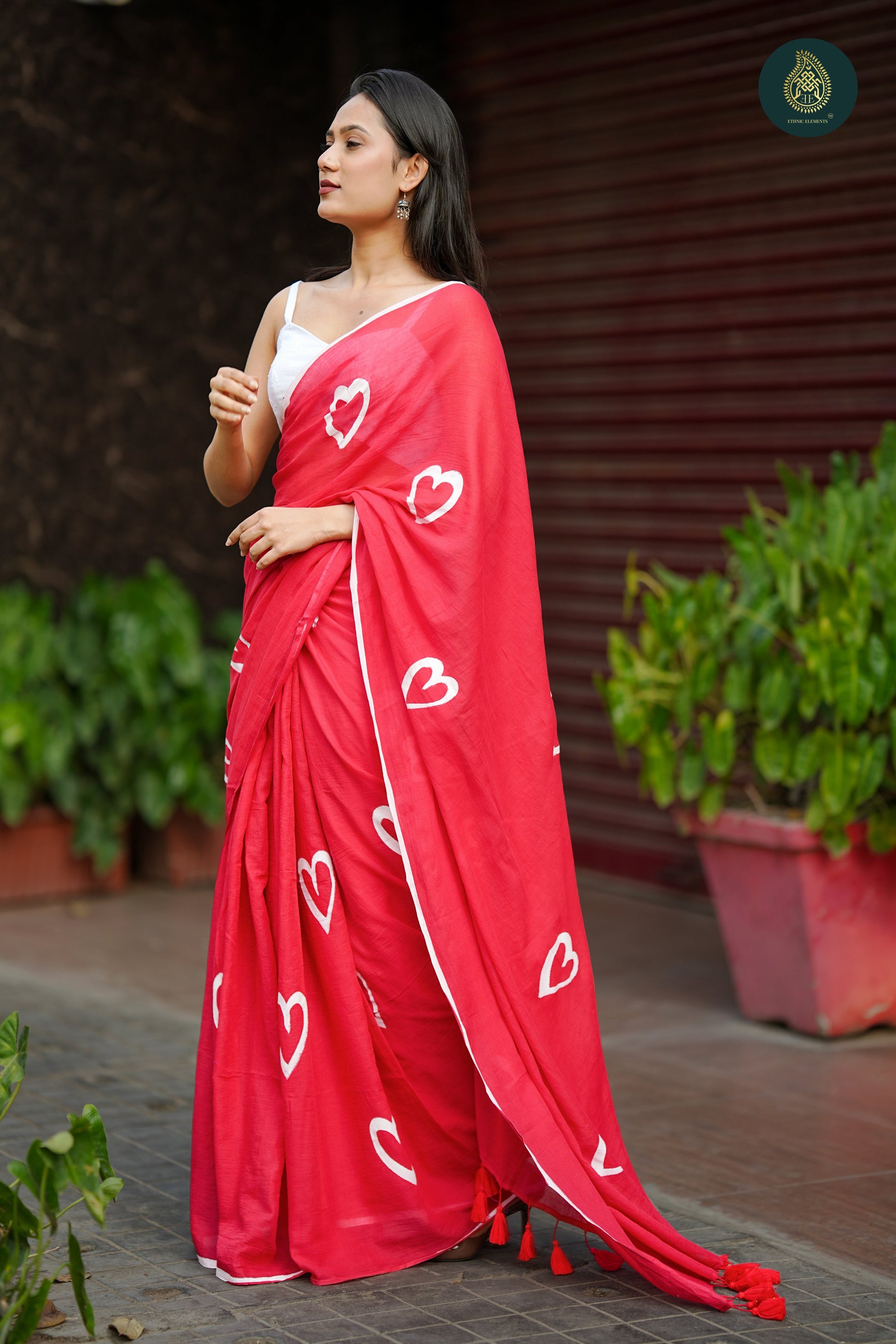 Valentine Red Handpainted Hearts on Mul Cotton Saree
