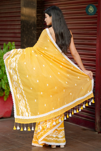 Aamras Jamdani Embriodery Mul Cotton Saree With Crochet Lace