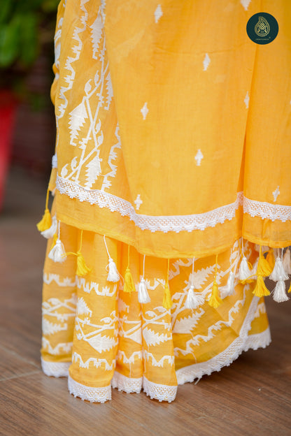 Aamras Jamdani Embriodery Mul Cotton Saree With Crochet Lace