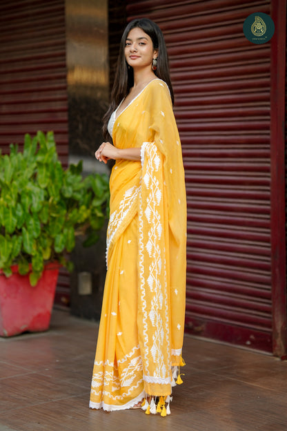 Aamras Jamdani Embriodery Mul Cotton Saree With Crochet Lace