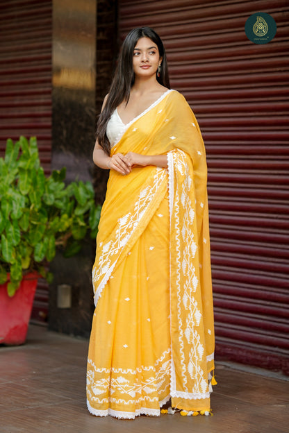 Aamras Jamdani Embriodery Mul Cotton Saree With Crochet Lace