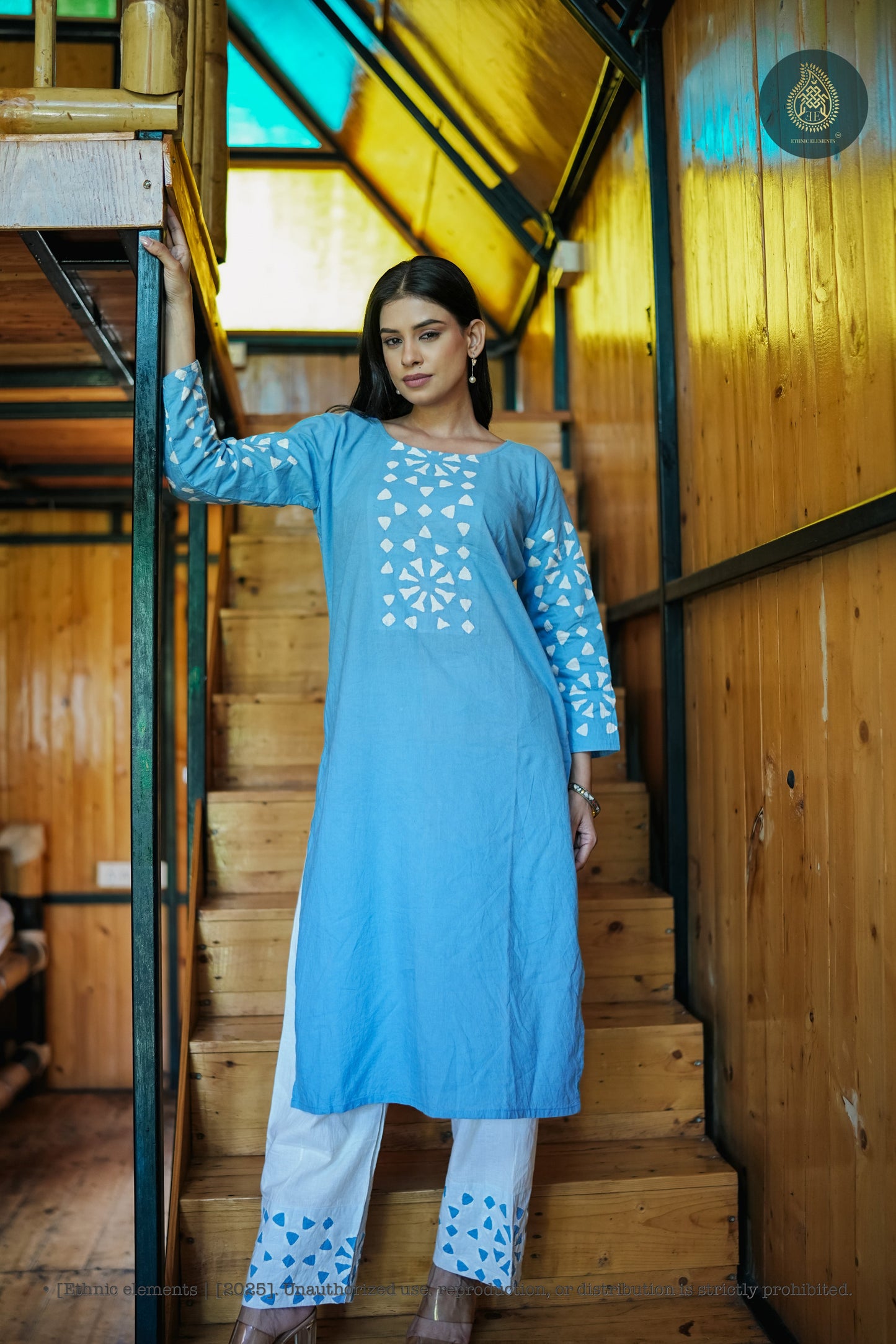 Stitched 2Pc Applique Suit Set - Meher Sky