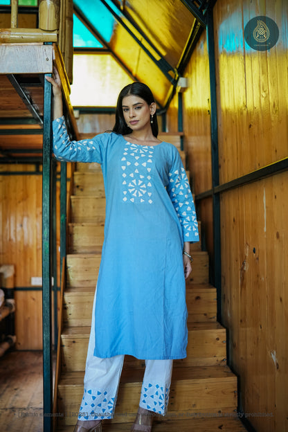 Stitched 2Pc Applique Suit Set - Meher Sky