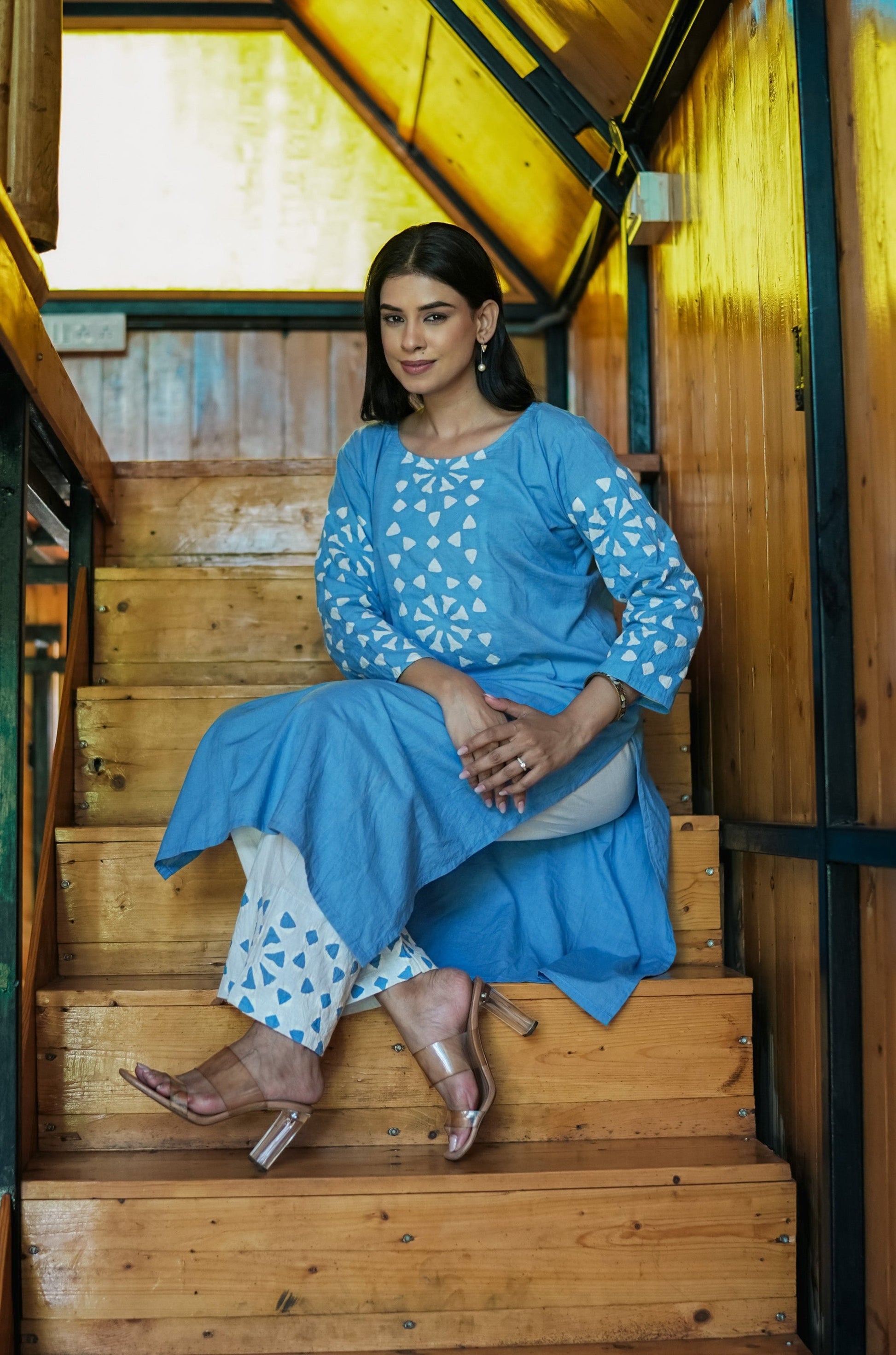 Stitched 2Pc Applique Suit Set - Meher Sky
