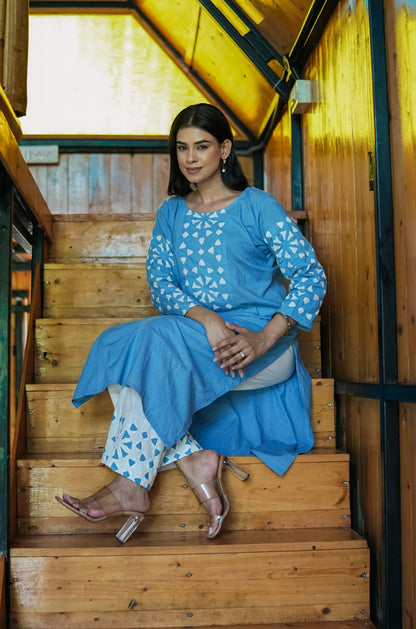 Stitched 2Pc Applique Suit Set - Meher Sky