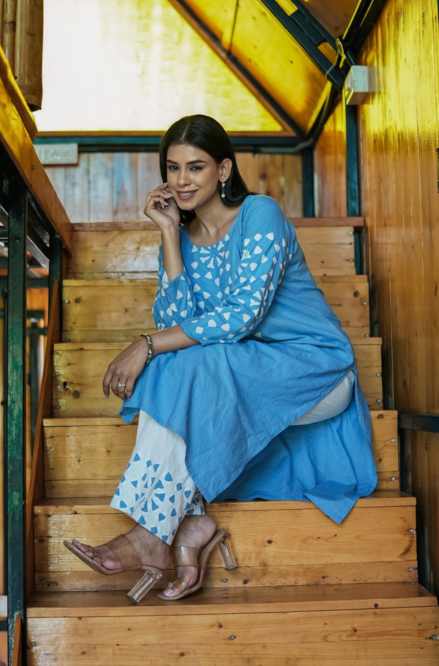 Stitched 2Pc Applique Suit Set - Meher Sky