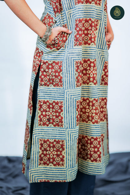 Ajrakh Shatranji - Ajrakh Handblock Cotton Stitched 2Pc Suit Set