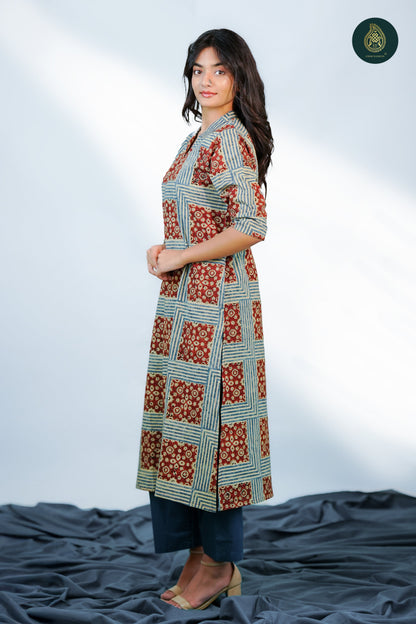 Ajrakh Shatranji - Ajrakh Handblock Cotton Stitched 2Pc Suit Set