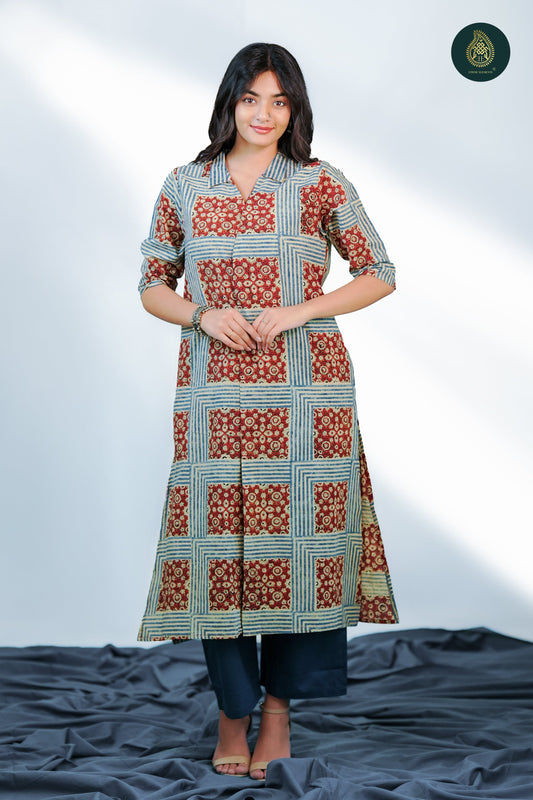 Ajrakh Shatranji - Ajrakh Handblock Cotton Stitched 2Pc Suit Set