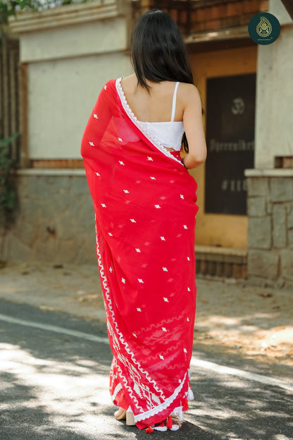 Laal Surkh Jamdani Embroidered Mul Cotton Saree with Crochet Lace