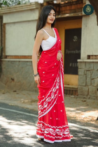 Laal Surkh Jamdani Embroidered Mul Cotton Saree with Crochet Lace