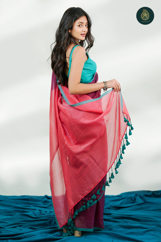Plum Magenta Mul Cotton Saree with Coral Striped Pallu & Tassel Detail For Women