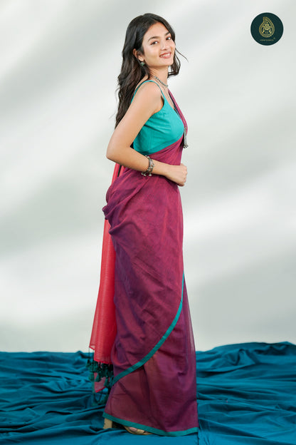 Plum Magenta Mul Cotton Saree with Coral Striped Pallu & Tassel Detail For Women