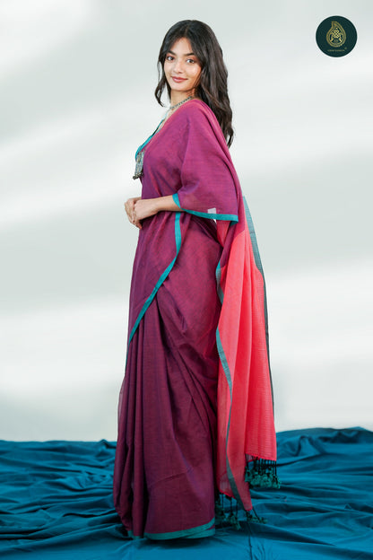 Plum Magenta Mul Cotton Saree with Coral Striped Pallu & Tassel Detail For Women