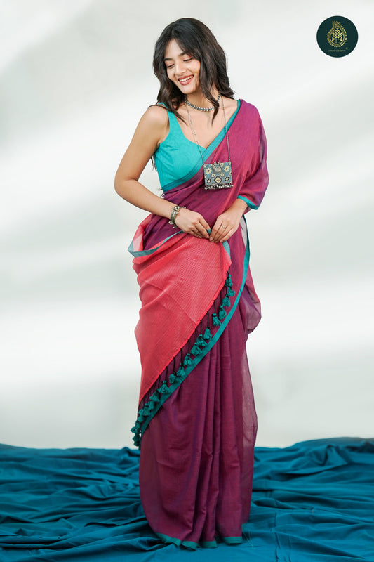 Plum Magenta Mul Cotton Saree with Coral Striped Pallu & Tassel Detail For Women
