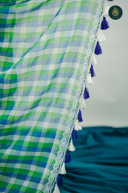 Teal Drift Check Mul Cotton Saree with Lace