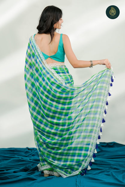 Teal Drift Check Mul Cotton Saree with Lace