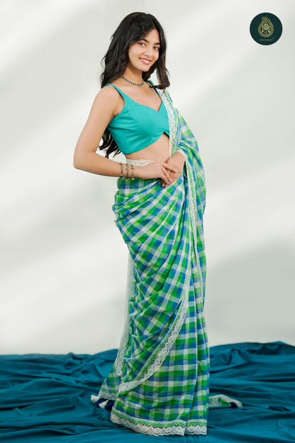 Teal Drift Check Mul Cotton Saree with Lace