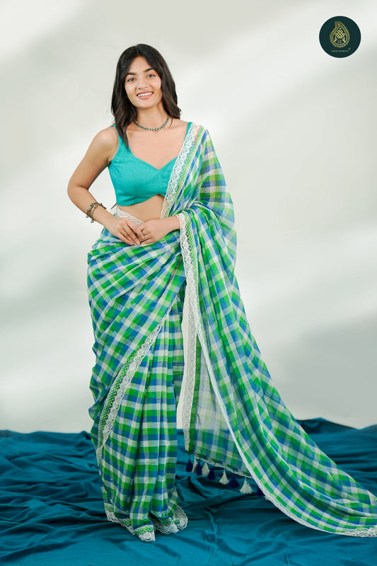 Teal Drift Check Mul Cotton Saree with Lace