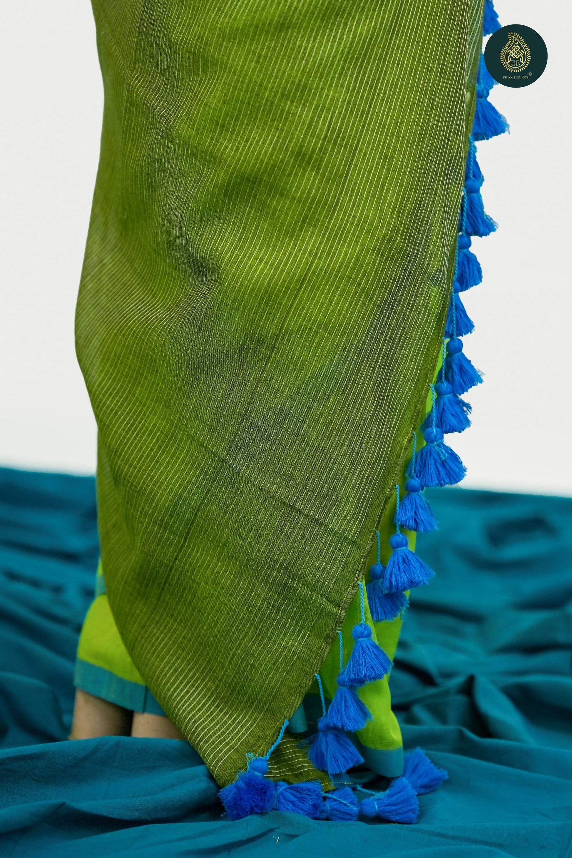 Lime Green Mul Cotton Saree with Aqua Blue Striped Pallu & Tassel Detail For Women