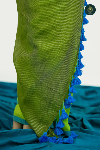 Lime Green Mul Cotton Saree with Aqua Blue Striped Pallu & Tassel Detail For Women