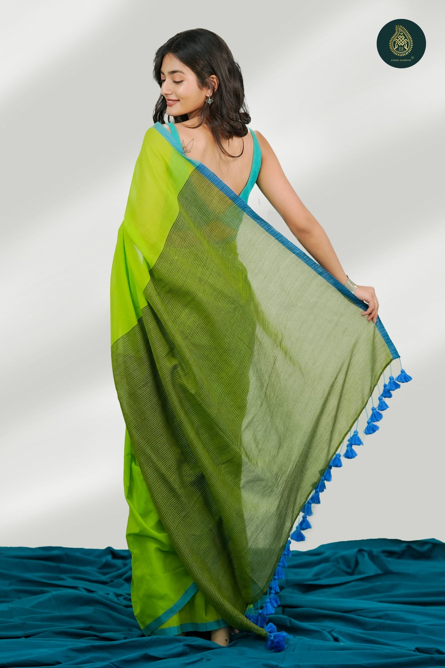 Lime Green Mul Cotton Saree with Aqua Blue Striped Pallu & Tassel Detail For Women