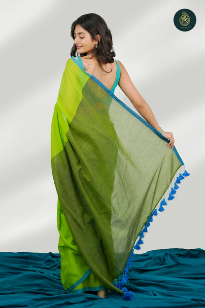 Lime Green Mul Cotton Saree with Aqua Blue Striped Pallu & Tassel Detail For Women