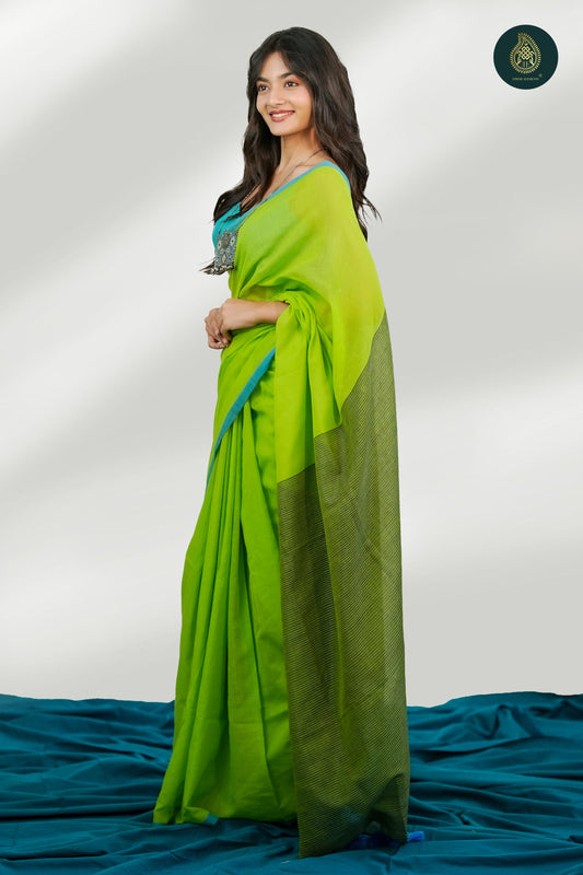 Lime Green Mul Cotton Saree with Aqua Blue Striped Pallu & Tassel Detail For Women
