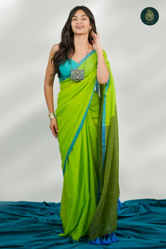 Lime Green Mul Cotton Saree with Aqua Blue Striped Pallu & Tassel Detail For Women