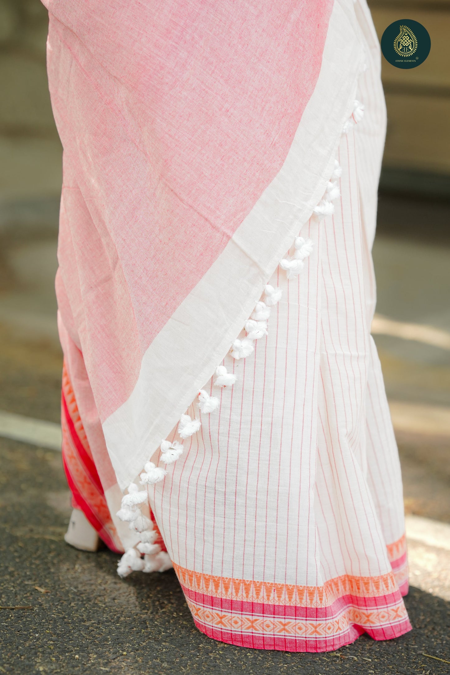 Stately Off-White & Red-  Mul Cotton Saree with Traditional Temple Border