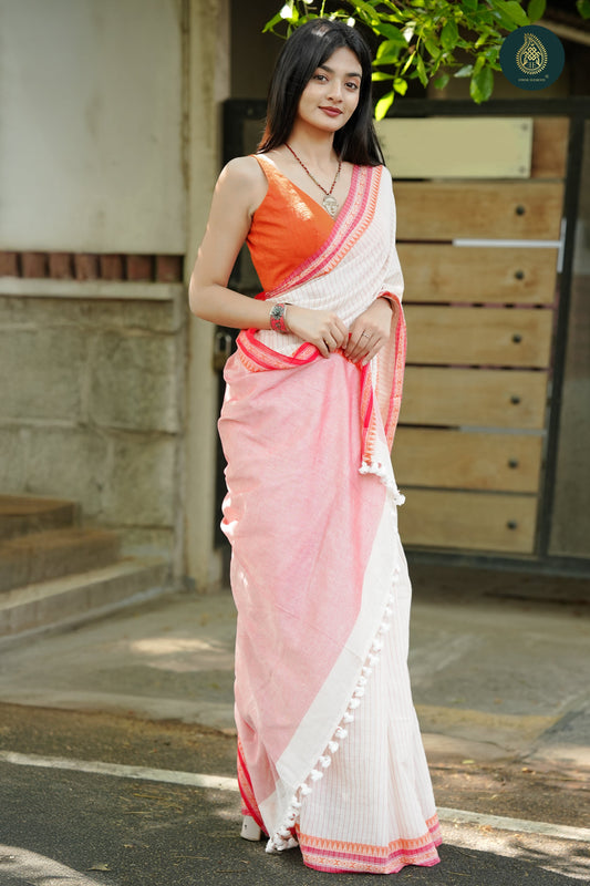 Stately Off-White & Red-  Mul Cotton Saree with Traditional Temple Border
