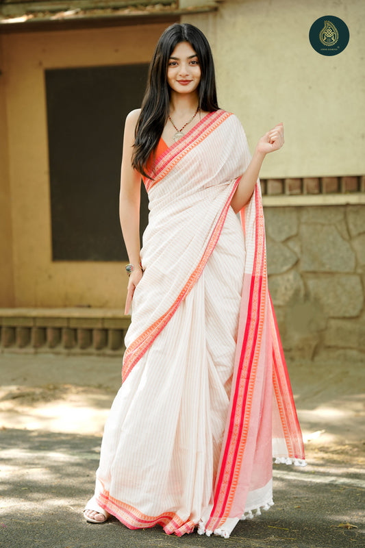 Stately Off-White & Red-  Mul Cotton Saree with Traditional Temple Border