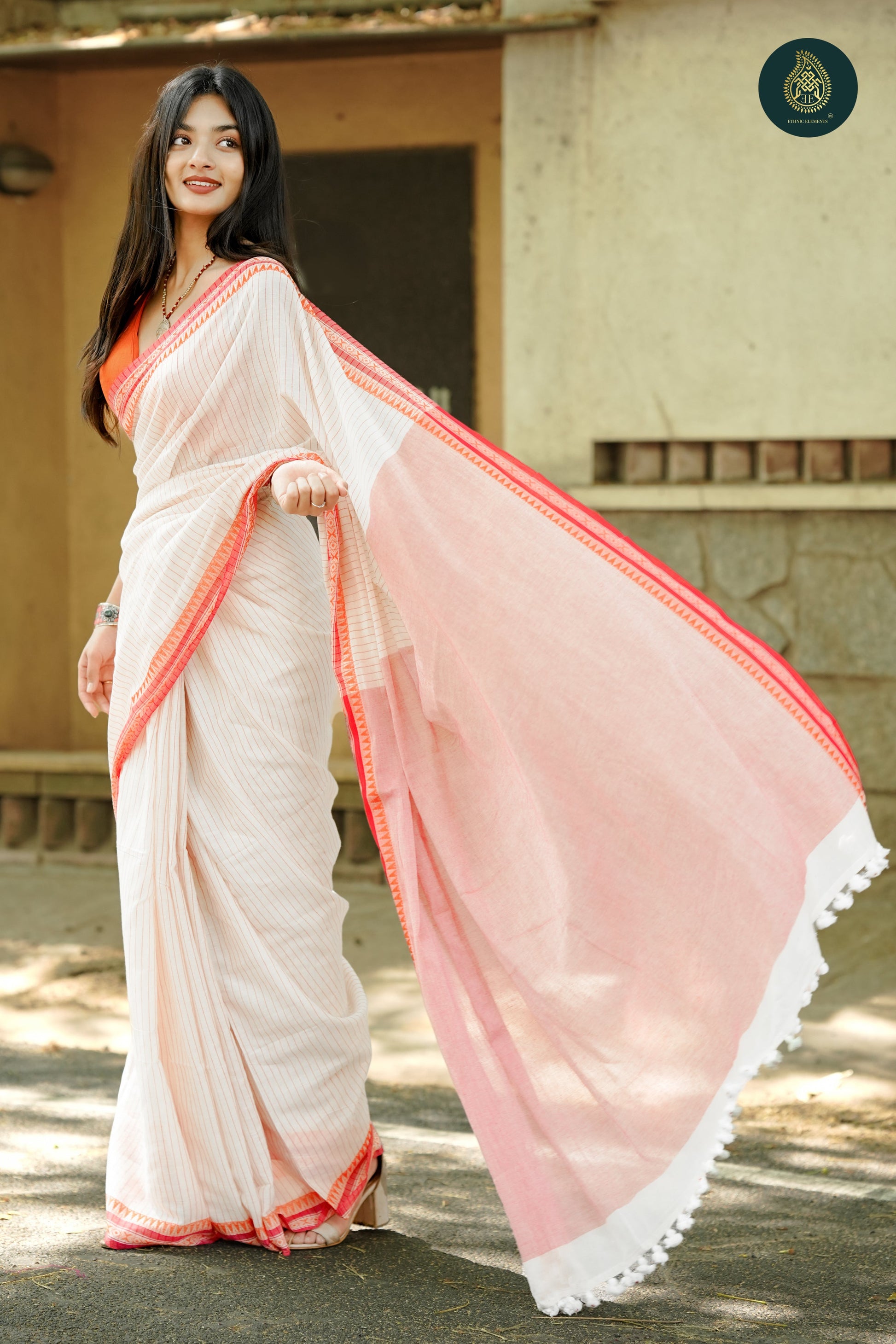 Stately Off-White & Red-  Mul Cotton Saree with Traditional Temple Border