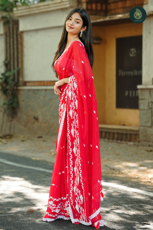 Laal Surkh Jamdani Embroidered Mul Cotton Saree with Crochet Lace