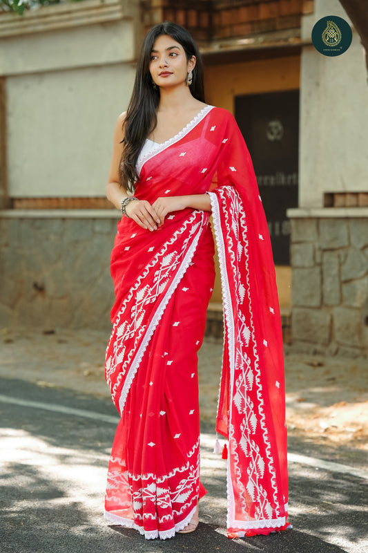 Laal Surkh Jamdani Embroidered Mul Cotton Saree with Crochet Lace